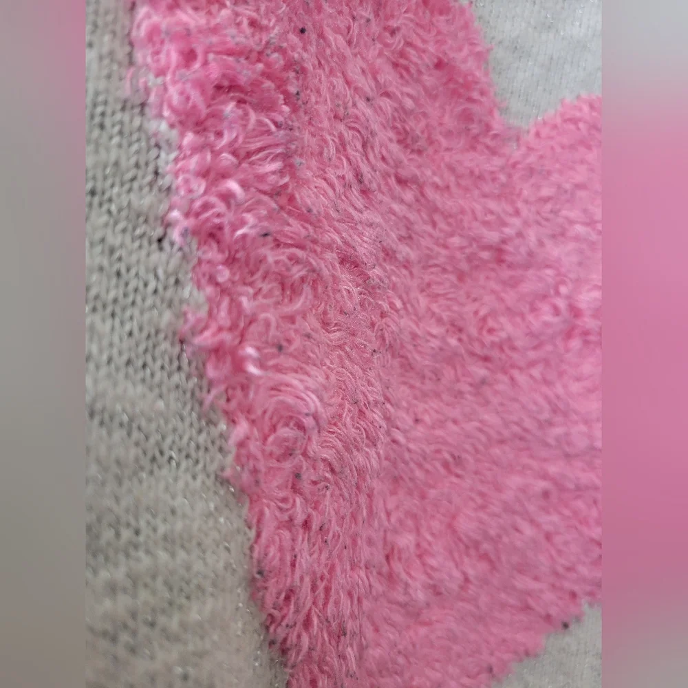 Girls Justice Pink Fuzzy Heart Sweater with Cream And Black Stripes 10